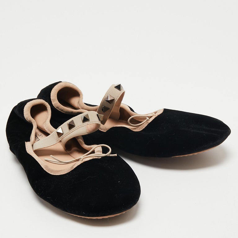 Valentino Black Velvet Rockstud Scrunch Mary Jane Ballet Flats Size 38 ...