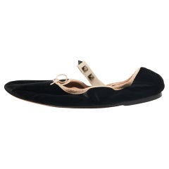 Valentino Black Velvet Rockstud Scrunch Mary Jane Ballet Flats Size 38