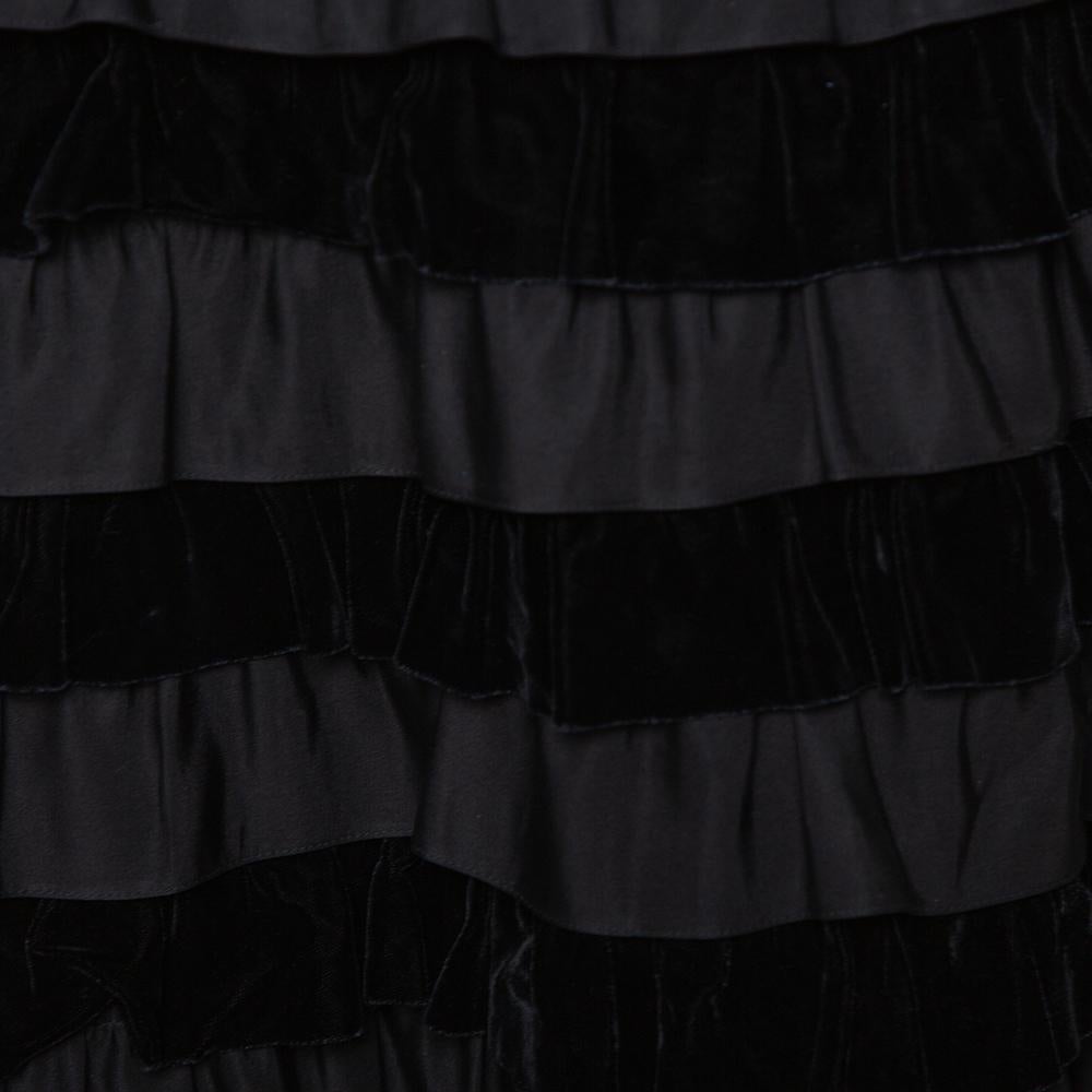 Valentino Black Velvet & Satin Embellished Cape Detail Ruffled Sleeveless Gown M 2