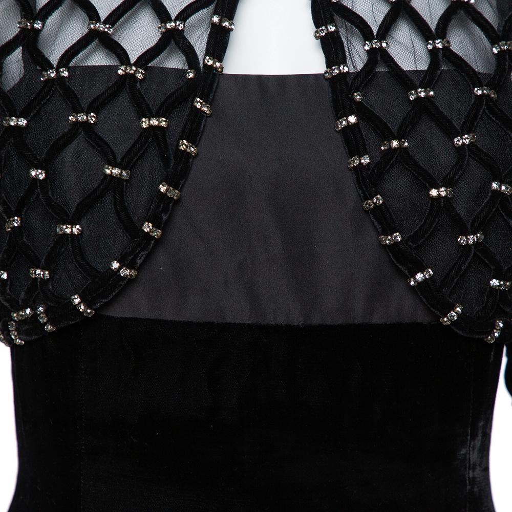 Valentino Black Velvet & Satin Embellished Cape Detail Ruffled Sleeveless Gown M 3