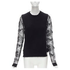 VALENTINO black virgin wool cashmere knit floral lace sleeves sweater S