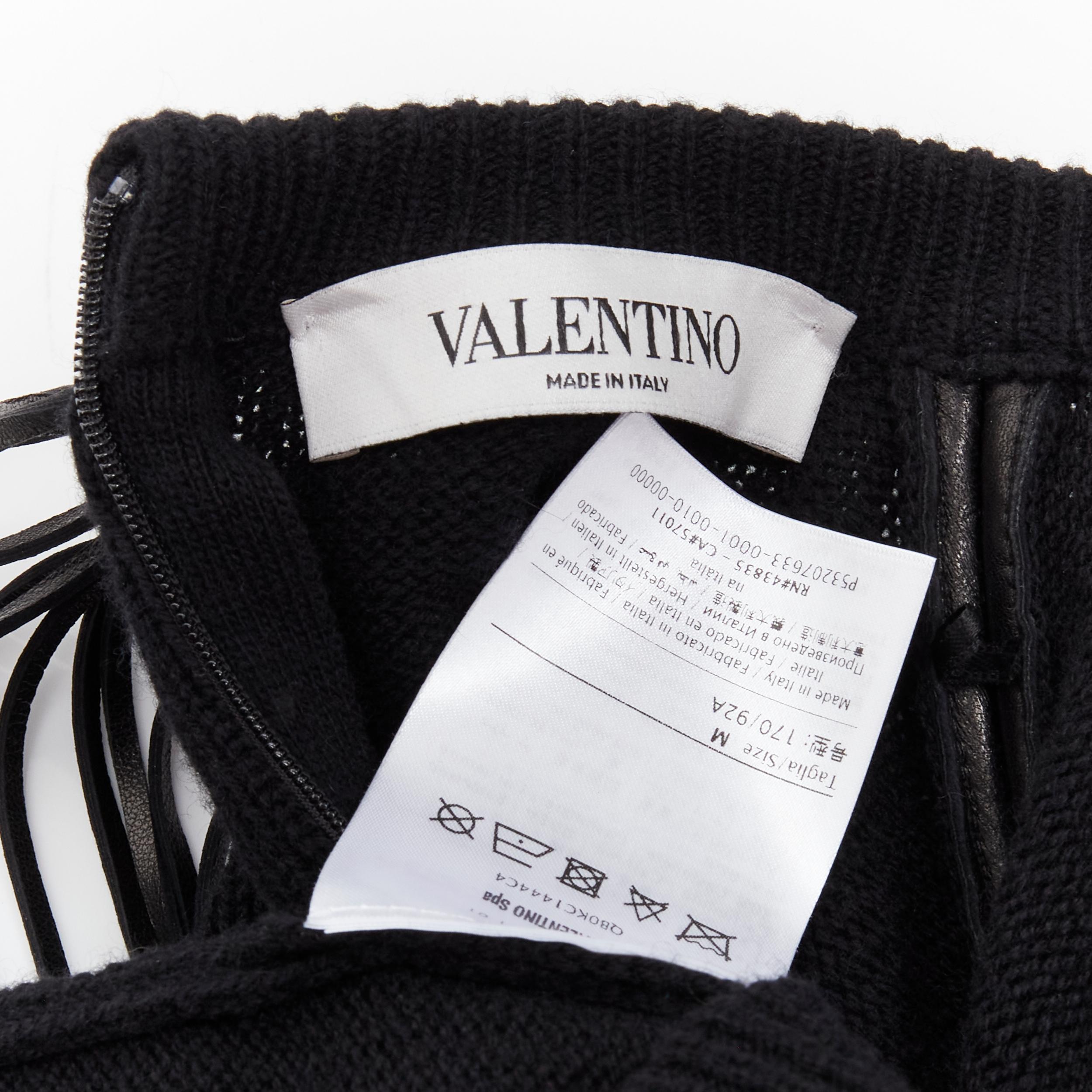 VALENTINO black virgin wool cashmere leather fringe wrap scarf sweater M 6