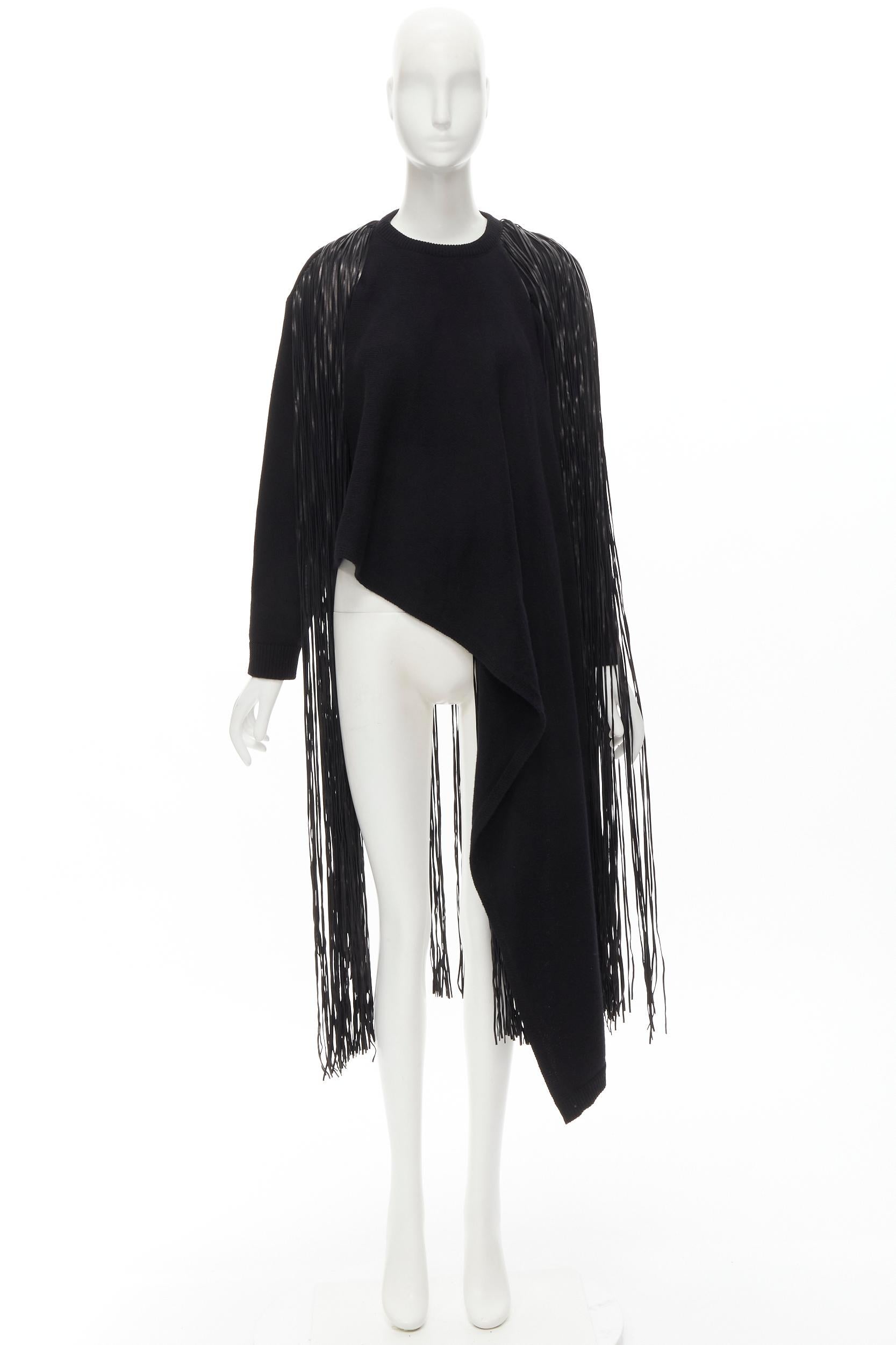 VALENTINO black virgin wool cashmere leather fringe wrap scarf sweater M 7