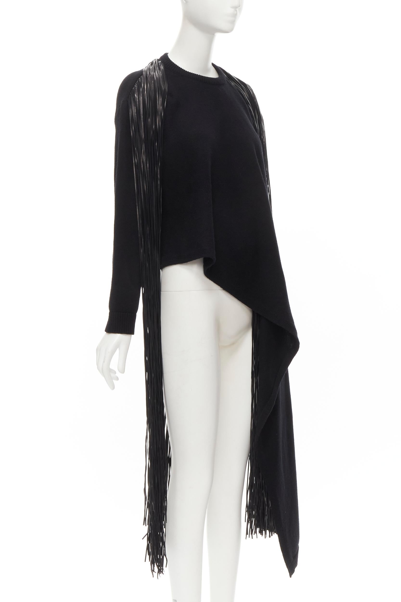 Black VALENTINO black virgin wool cashmere leather fringe wrap scarf sweater M