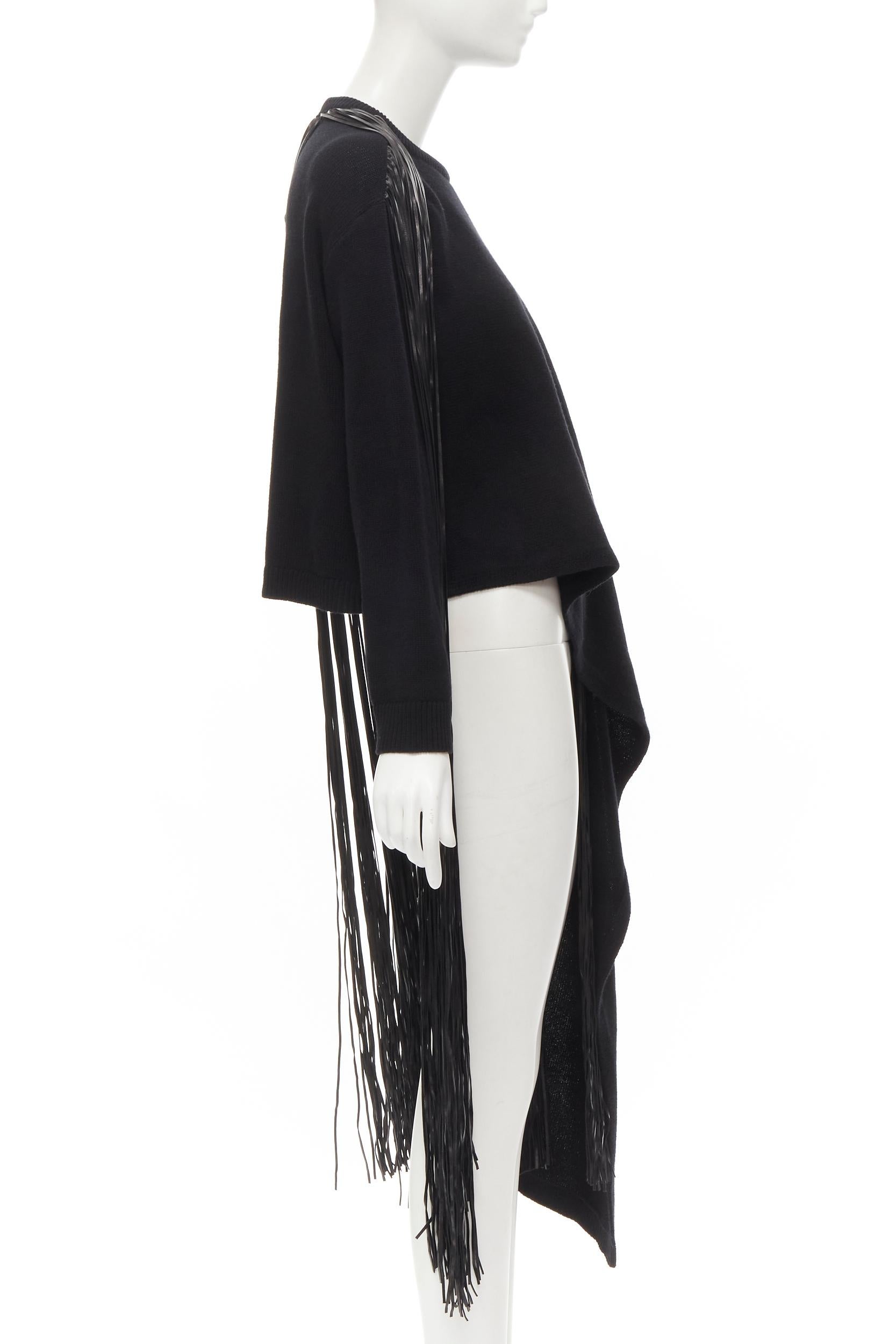 Women's VALENTINO black virgin wool cashmere leather fringe wrap scarf sweater M