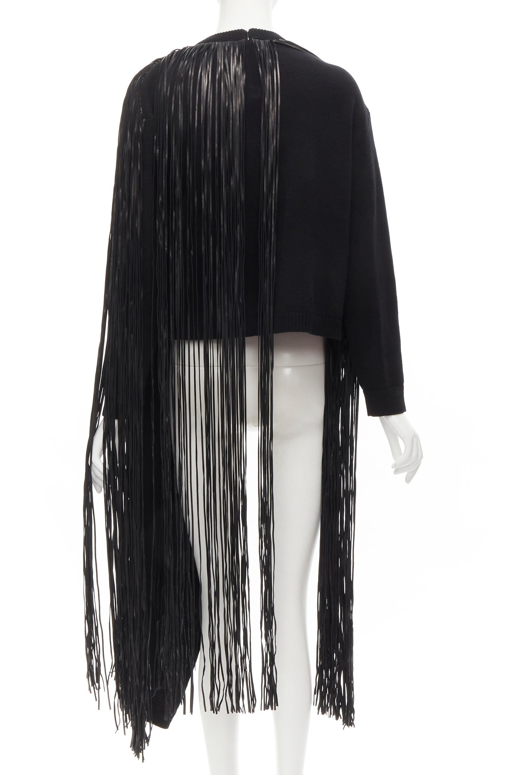 VALENTINO black virgin wool cashmere leather fringe wrap scarf sweater M 1
