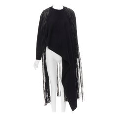 VALENTINO black virgin wool cashmere leather fringe wrap scarf sweater M