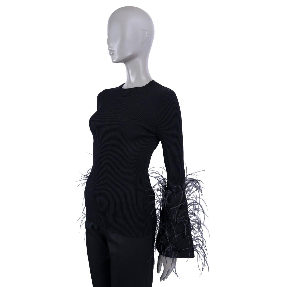 VALENTINO black viscose 2019 FEATHER TRIM RIB KNIT Top Shirt M In Excellent Condition In Zürich, CH