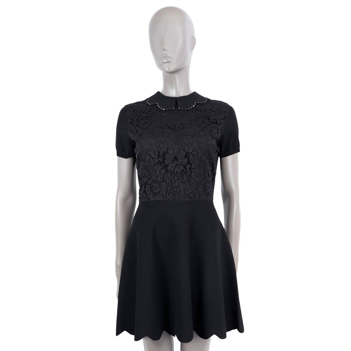 Black VALENTINO black viscose ROCKSTUD LACE PANELLED MINI Dress M For Sale