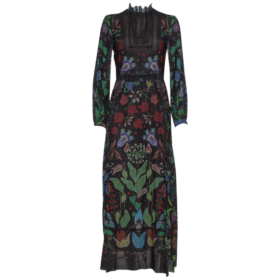 Valentino Black Watersong Printed Silk 
Lace Trim Maxi Dress M
