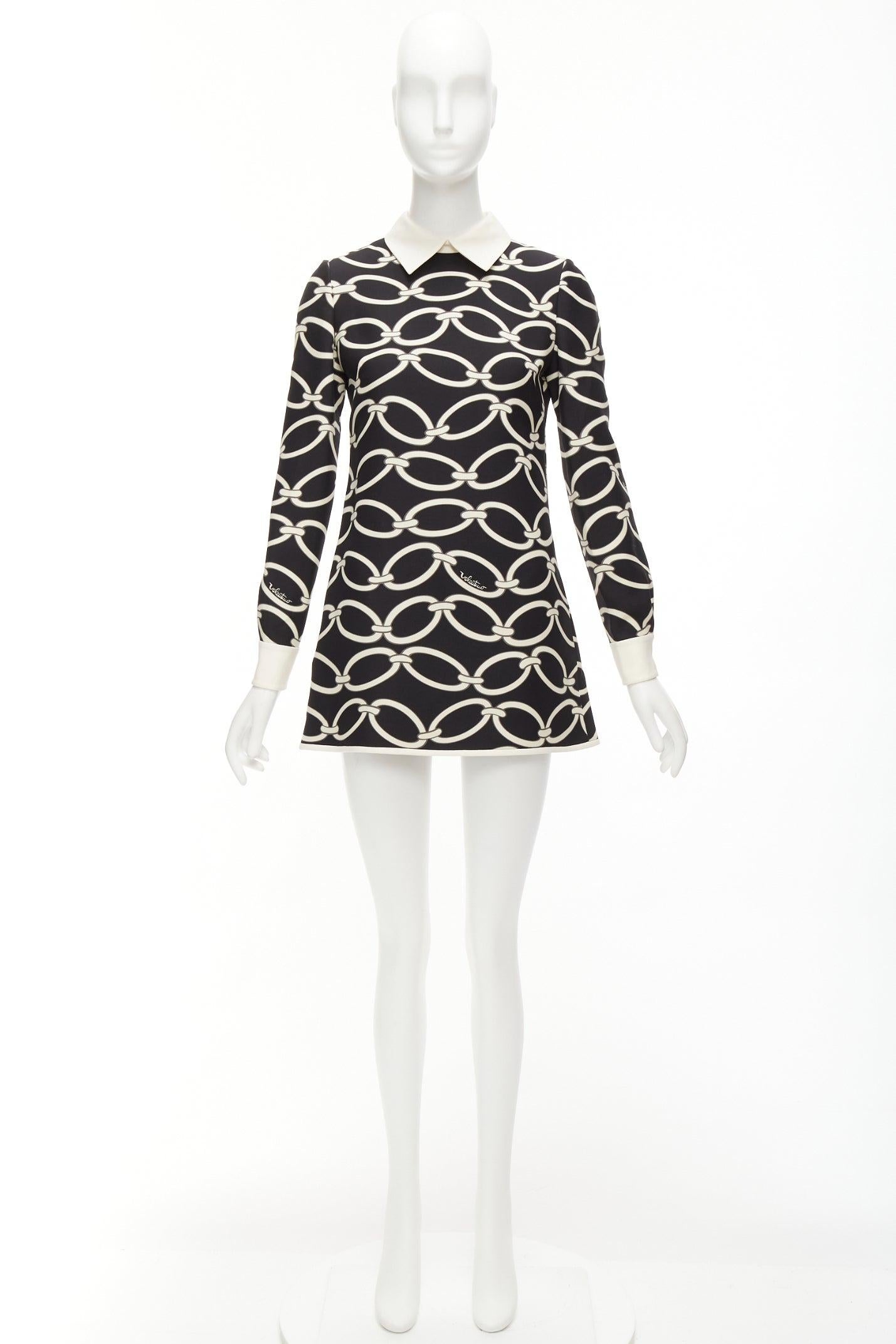 VALENTINO black white chain print virgin wool silk shift dress IT38 XS For Sale 6
