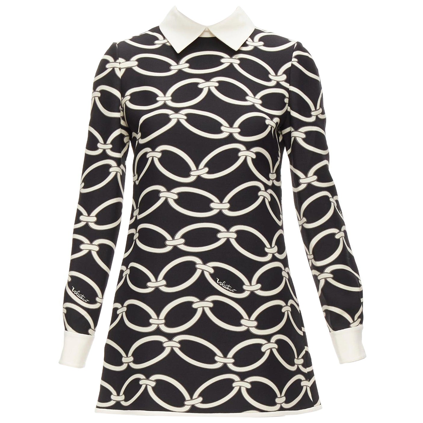VALENTINO black white chain print virgin wool silk shift dress IT38 XS