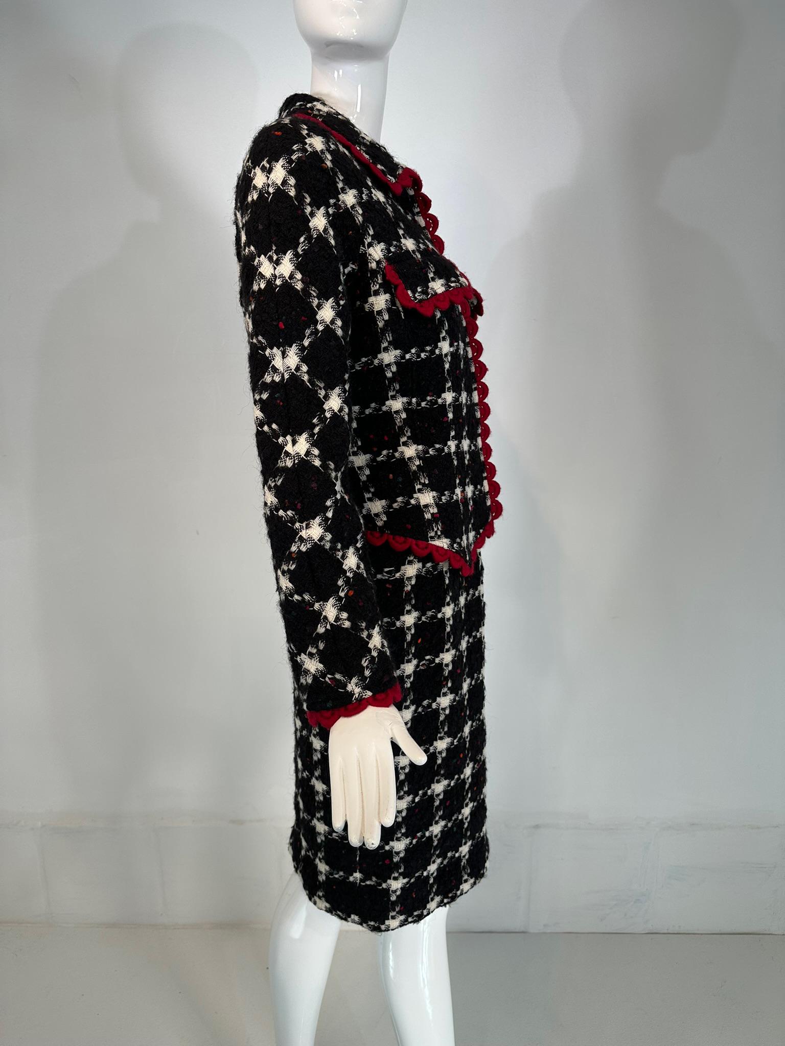 Valentino Black & White Check Red Crochet Trim Zipper Front Jacket Skirt Suit 44 For Sale 7