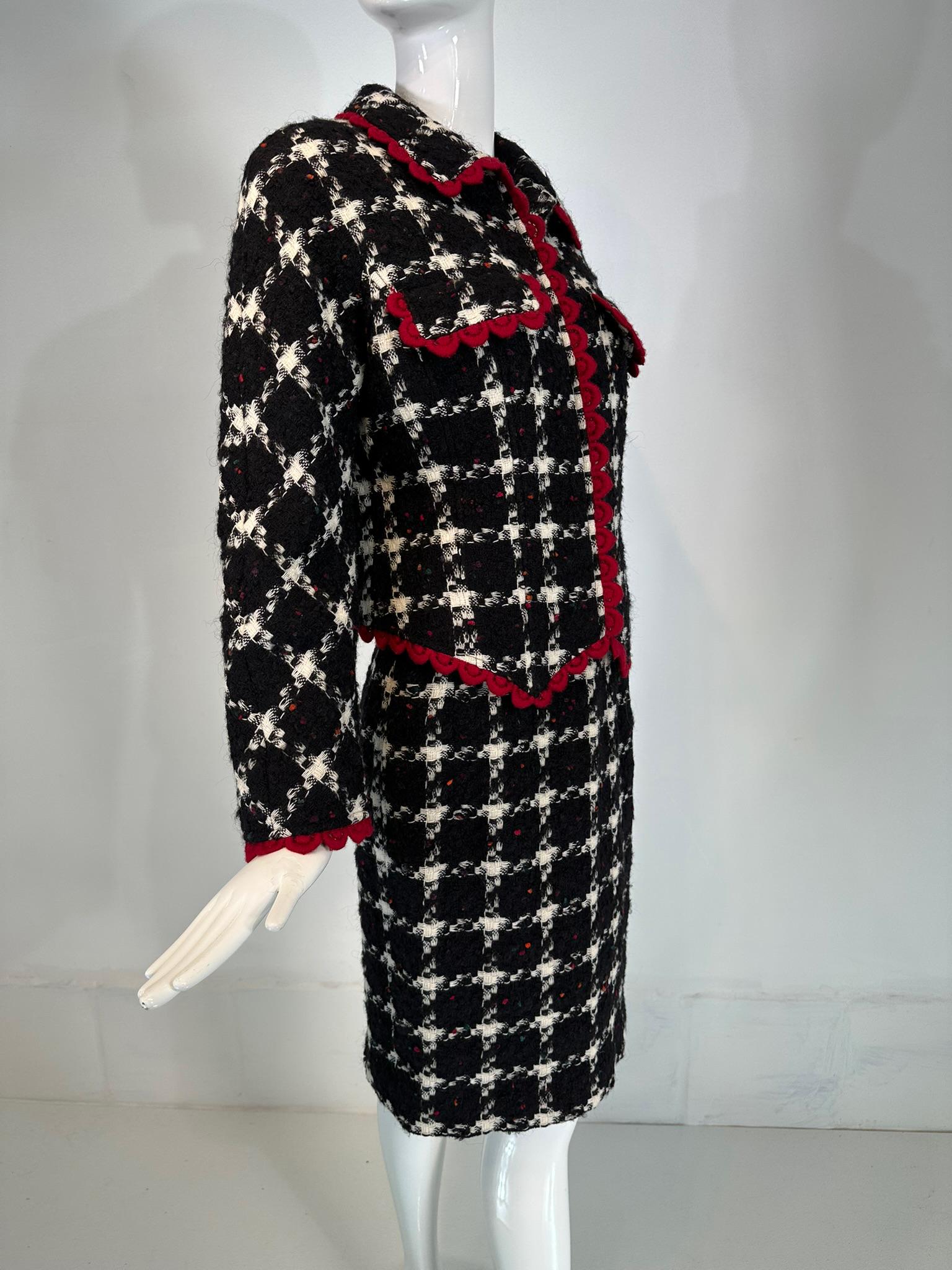 Valentino Black & White Check Red Crochet Trim Zipper Front Jacket Skirt Suit 44 For Sale 8