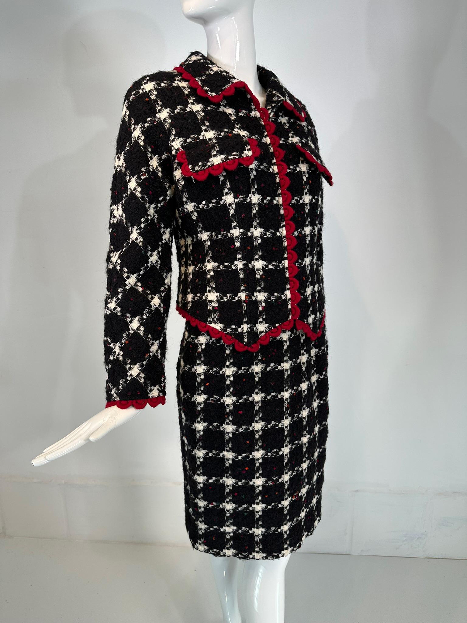 Valentino Black & White Check Red Crochet Trim Zipper Front Jacket Skirt Suit 44 For Sale 9