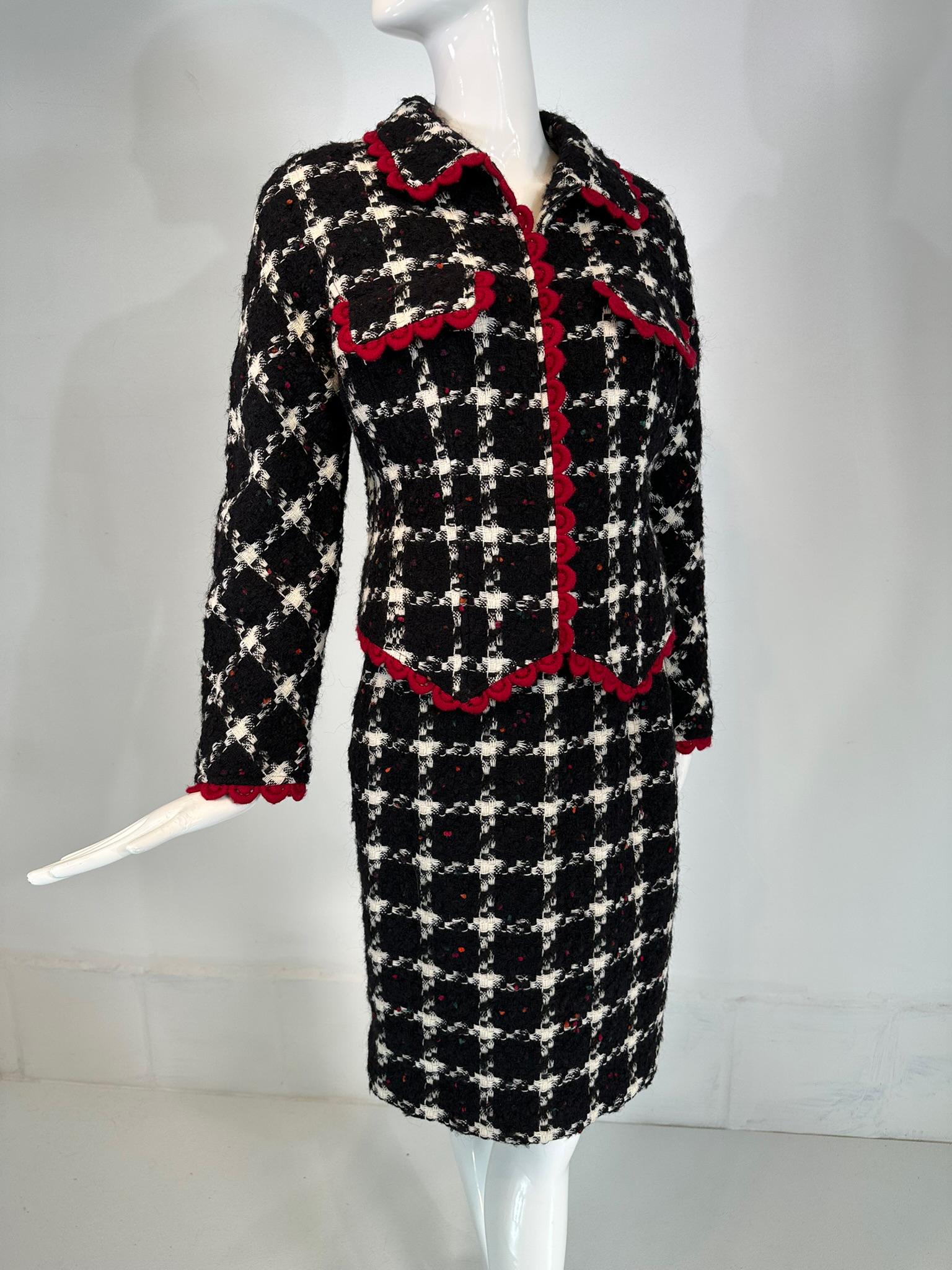 Valentino Black & White Check Red Crochet Trim Zipper Front Jacket Skirt Suit 44 For Sale 10