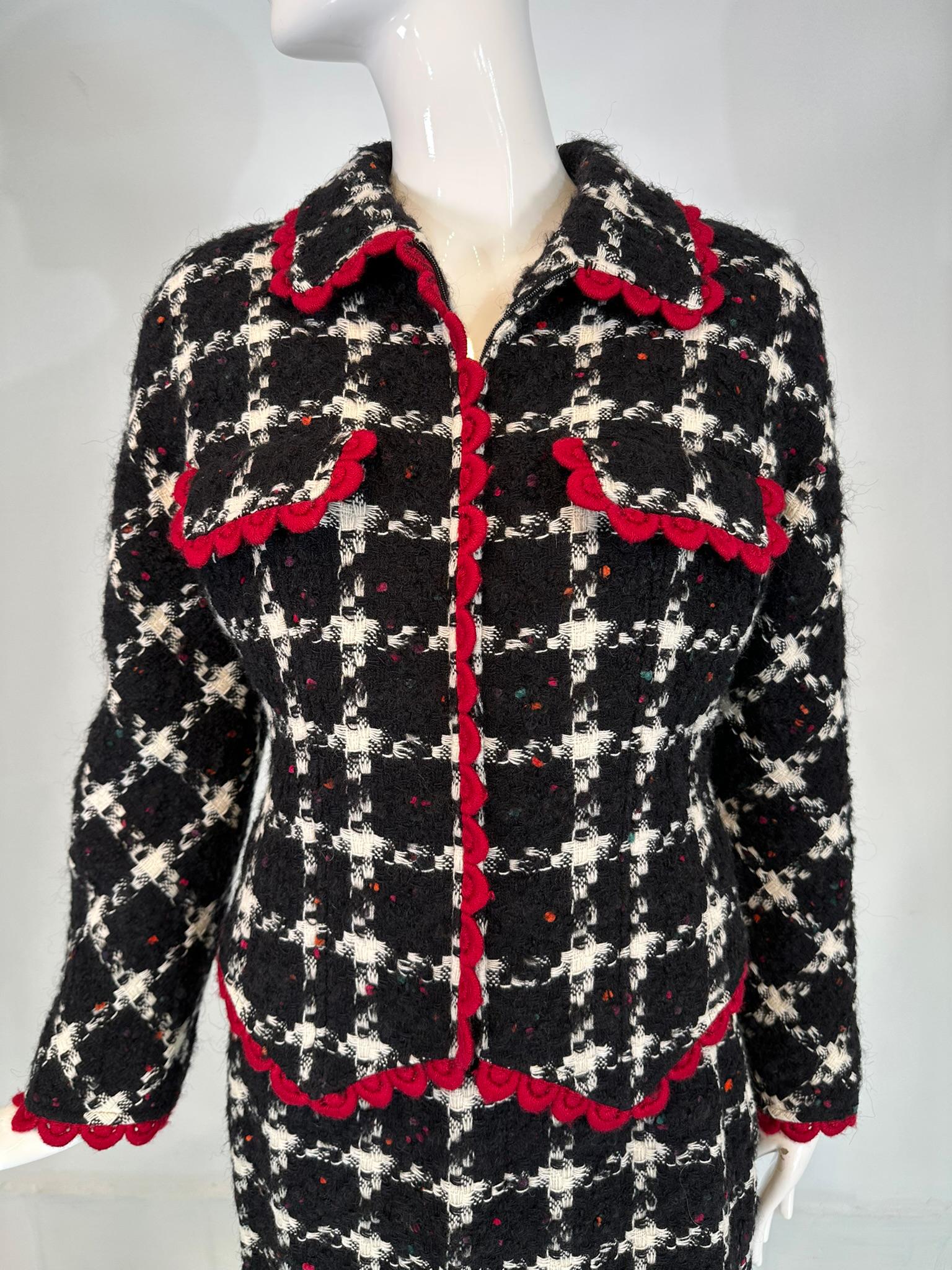 Valentino Black & White Check Red Crochet Trim Zipper Front Jacket Skirt Suit 44 For Sale 11