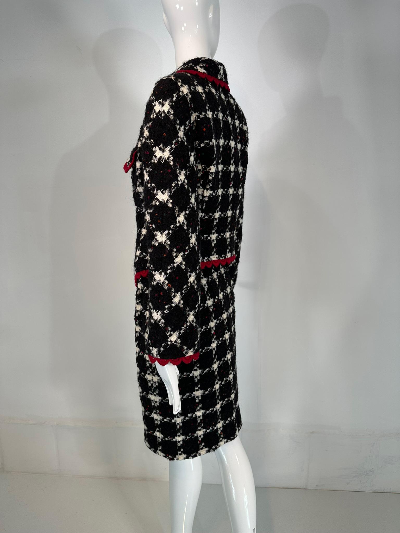 Valentino Black & White Check Red Crochet Trim Zipper Front Jacket Skirt Suit 44 For Sale 1