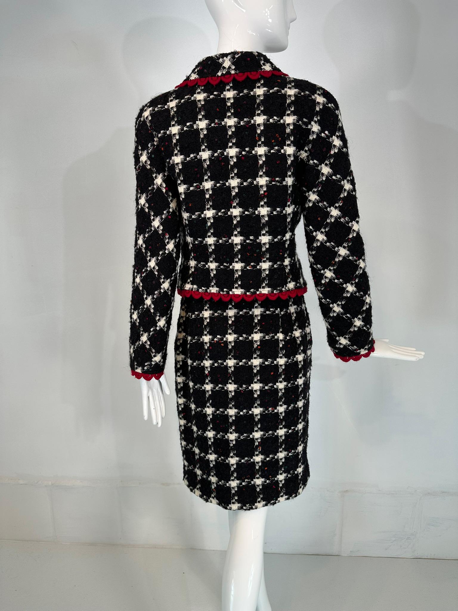 Valentino Black & White Check Red Crochet Trim Zipper Front Jacket Skirt Suit 44 For Sale 3