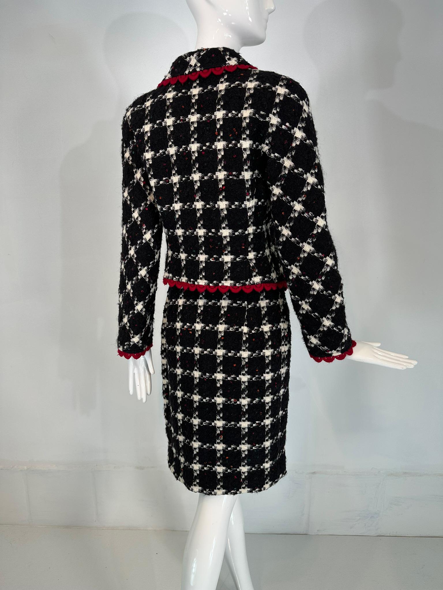 Valentino Black & White Check Red Crochet Trim Zipper Front Jacket Skirt Suit 44 For Sale 4