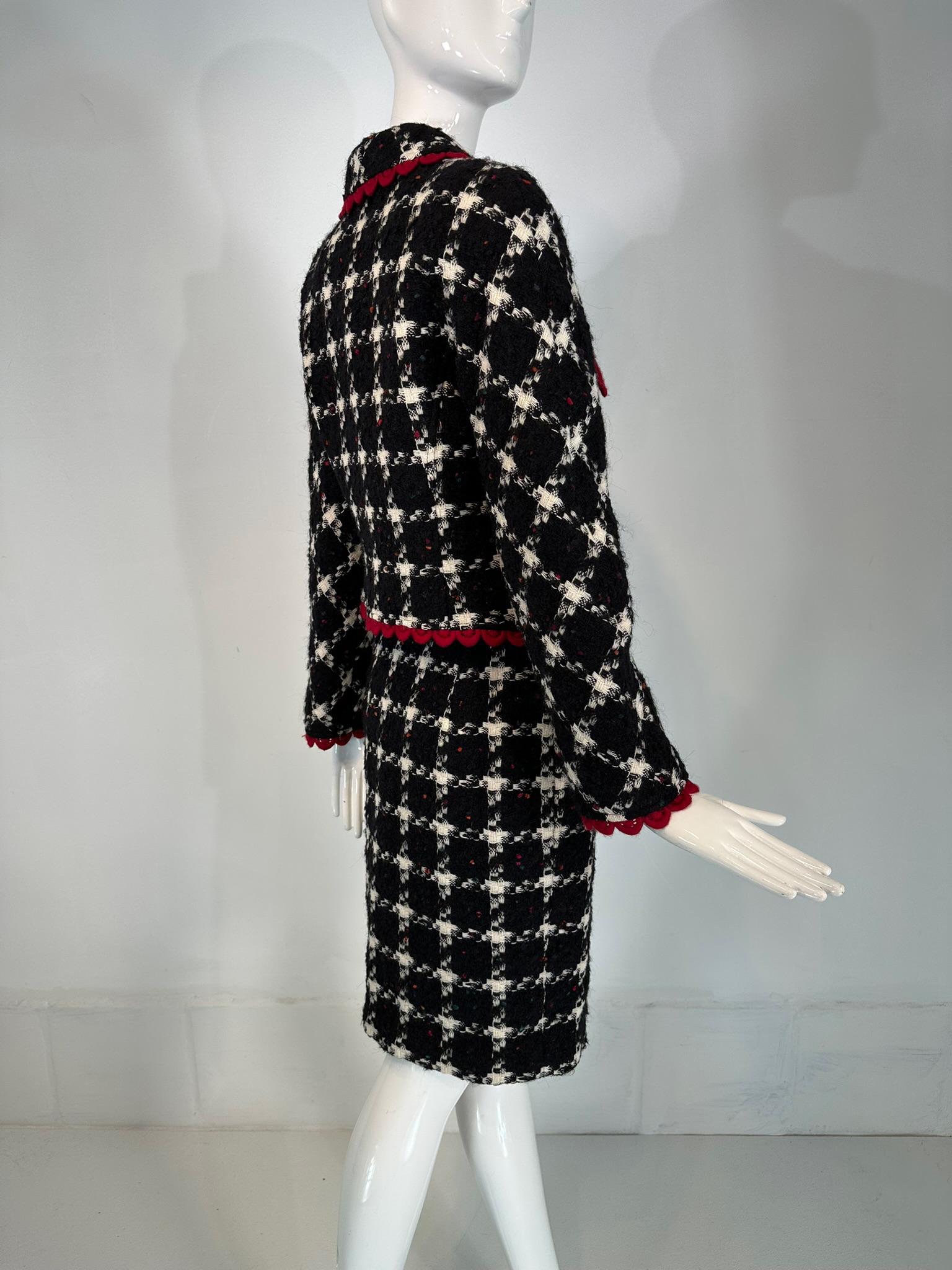 Valentino Black & White Check Red Crochet Trim Zipper Front Jacket Skirt Suit 44 For Sale 5