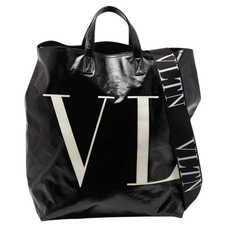 Valentino Black/White Coated Canvas VLTN Shopper Tote For Sale