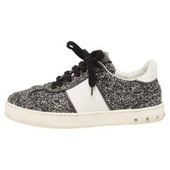 Valentino Black/White Glitter and Leather Fly Crew Low Top Sneakers Size 37.5