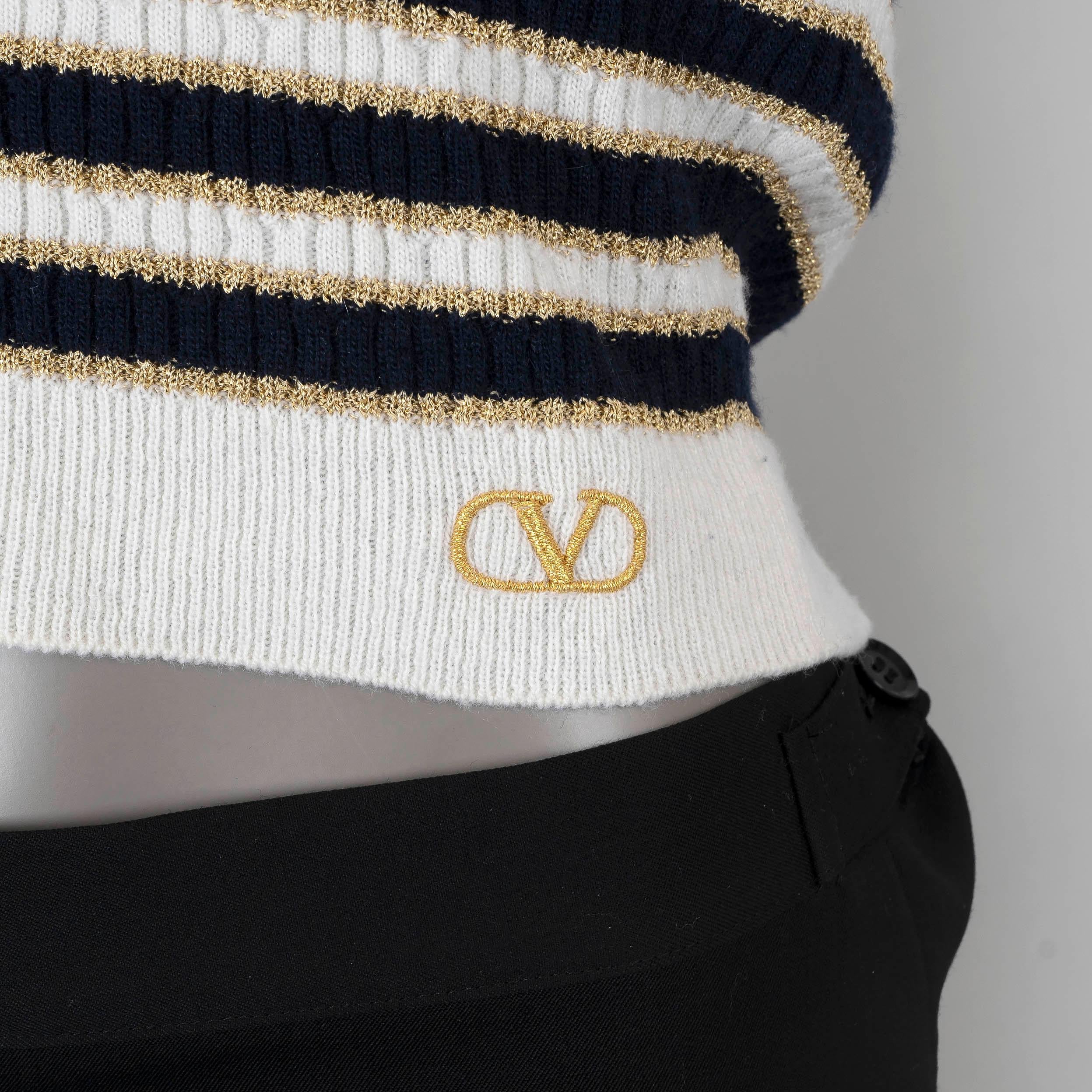 VALENTINO STRIPE CROPPED Sweater LUREX 2022 en laine noire et blanche dorée en vente 1