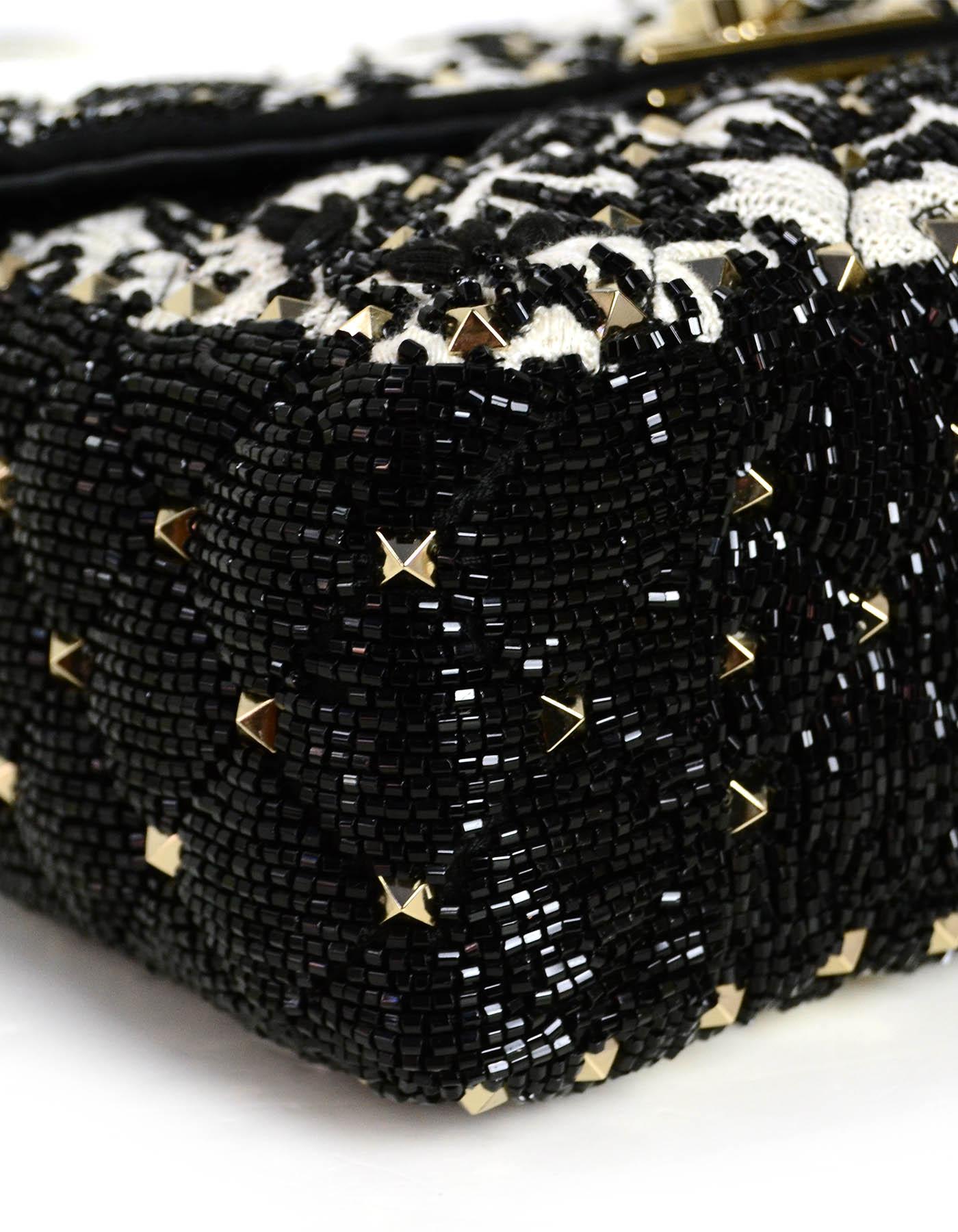 Women's Valentino Black/White Lace & Beaded Medium Rockstud Spike Flap Bag  rt. $4, 895