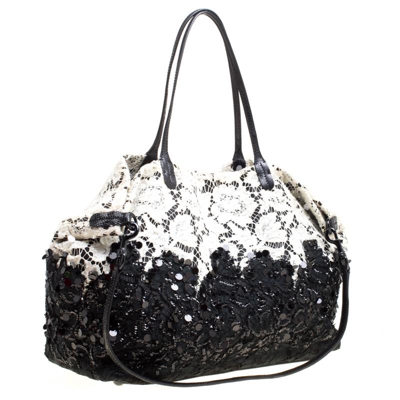 Women's Valentino Black/White Lace/Sequins and Leather Tote