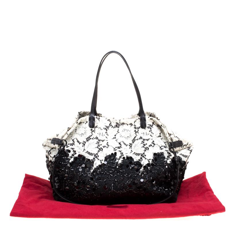 Valentino Black/White Lace/Sequins and Leather Tote 5