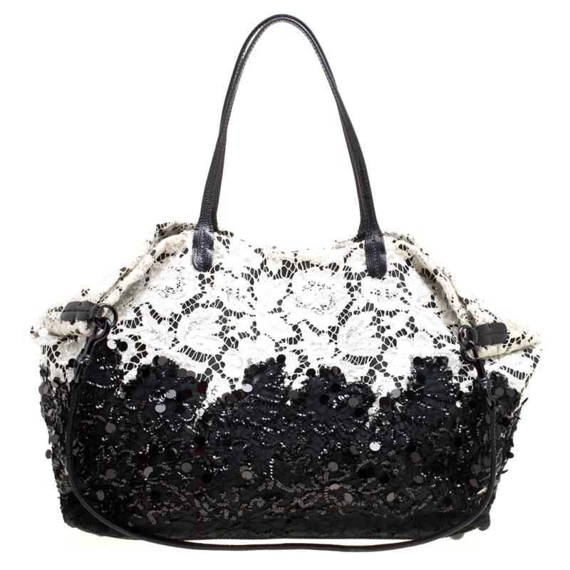 Valentino Black/White Lace/Sequins and Leather Tote