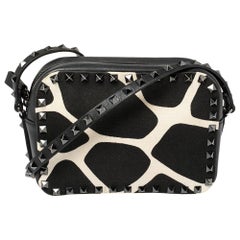 Valentino Black/White Leather and Canvas Rockstud Camera Crossbody Bag