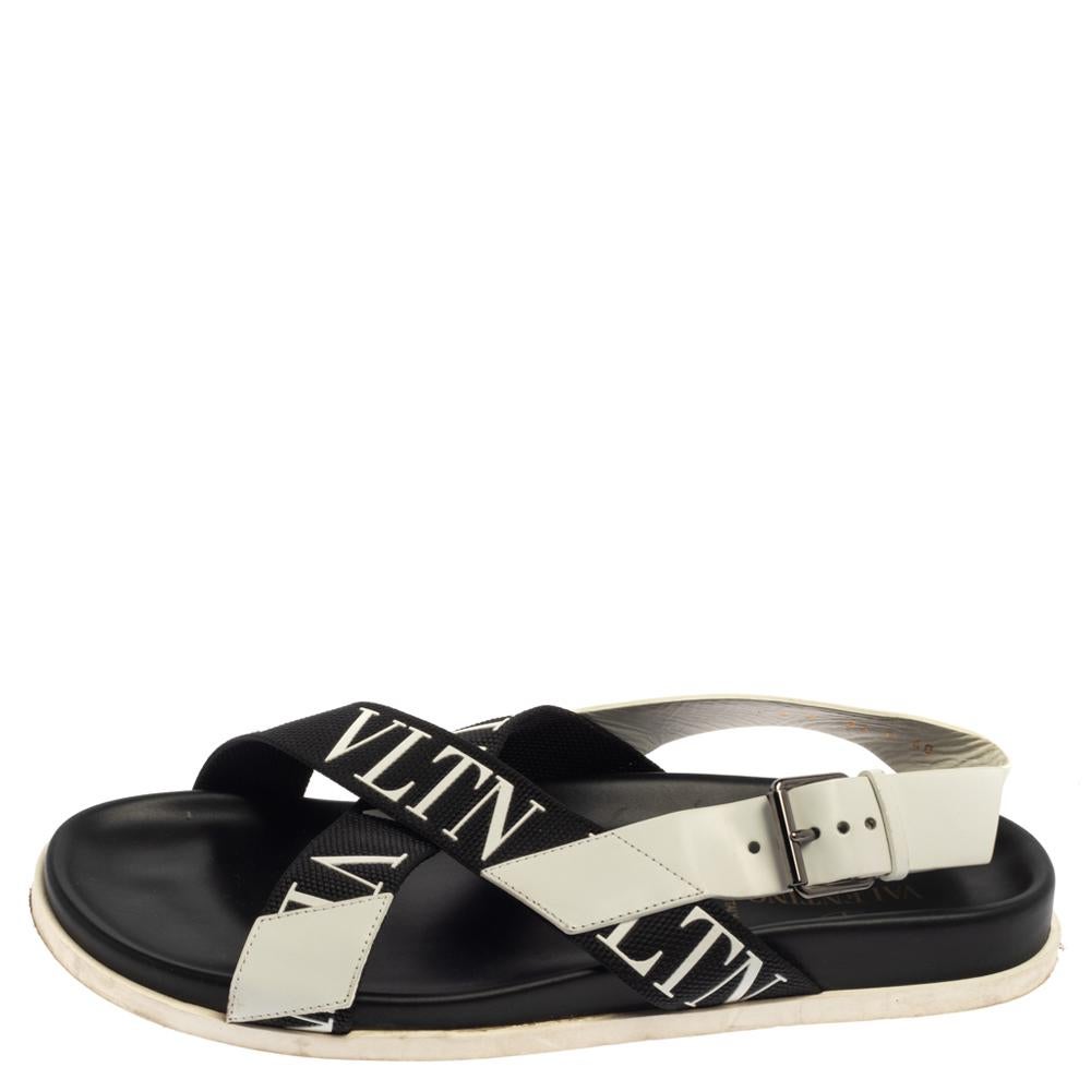 Valentino Black/White Leather And Nylon Logo Print Cross Strap Sandals Size 40 1