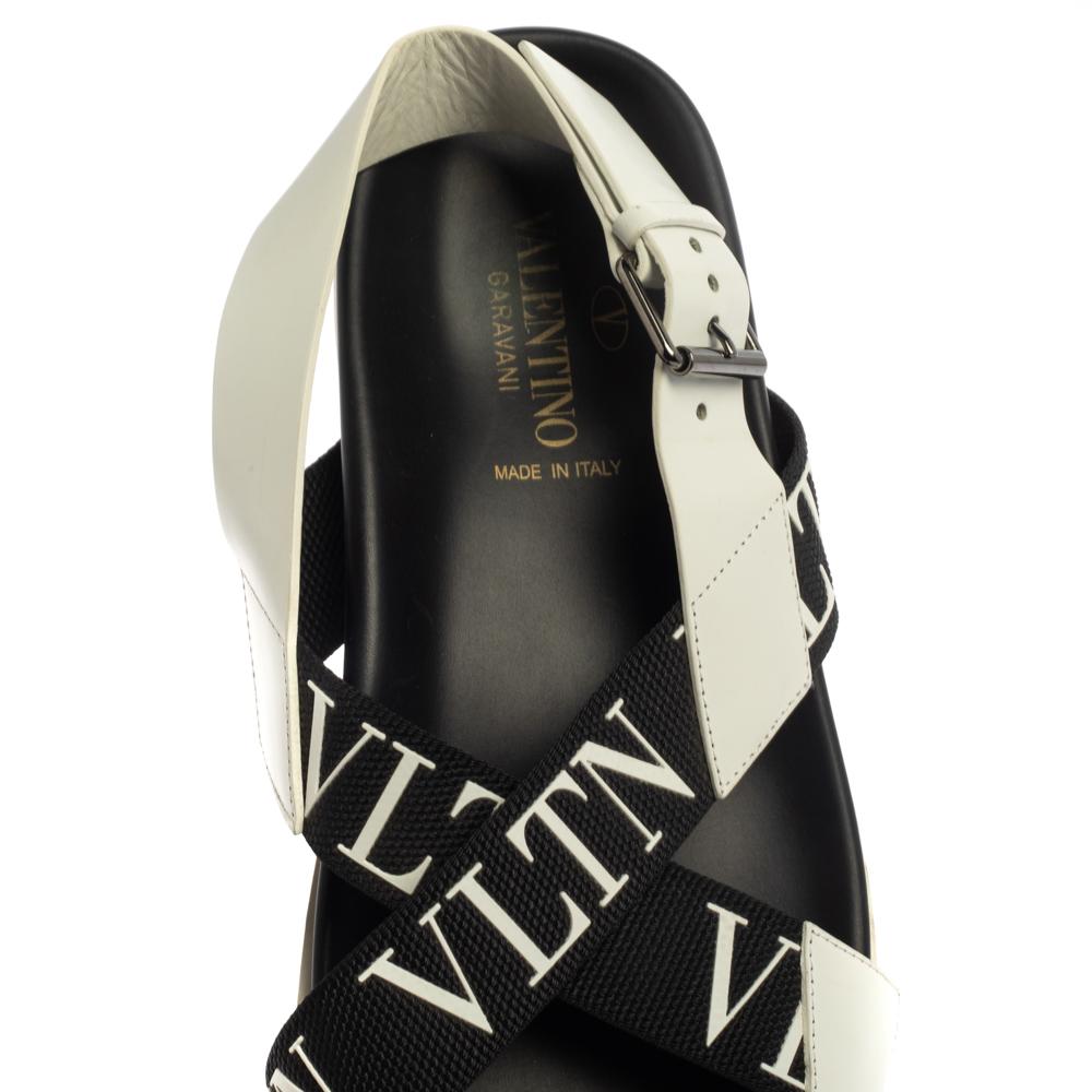 Valentino Black/White Leather And Nylon Logo Print Cross Strap Sandals Size 40 2