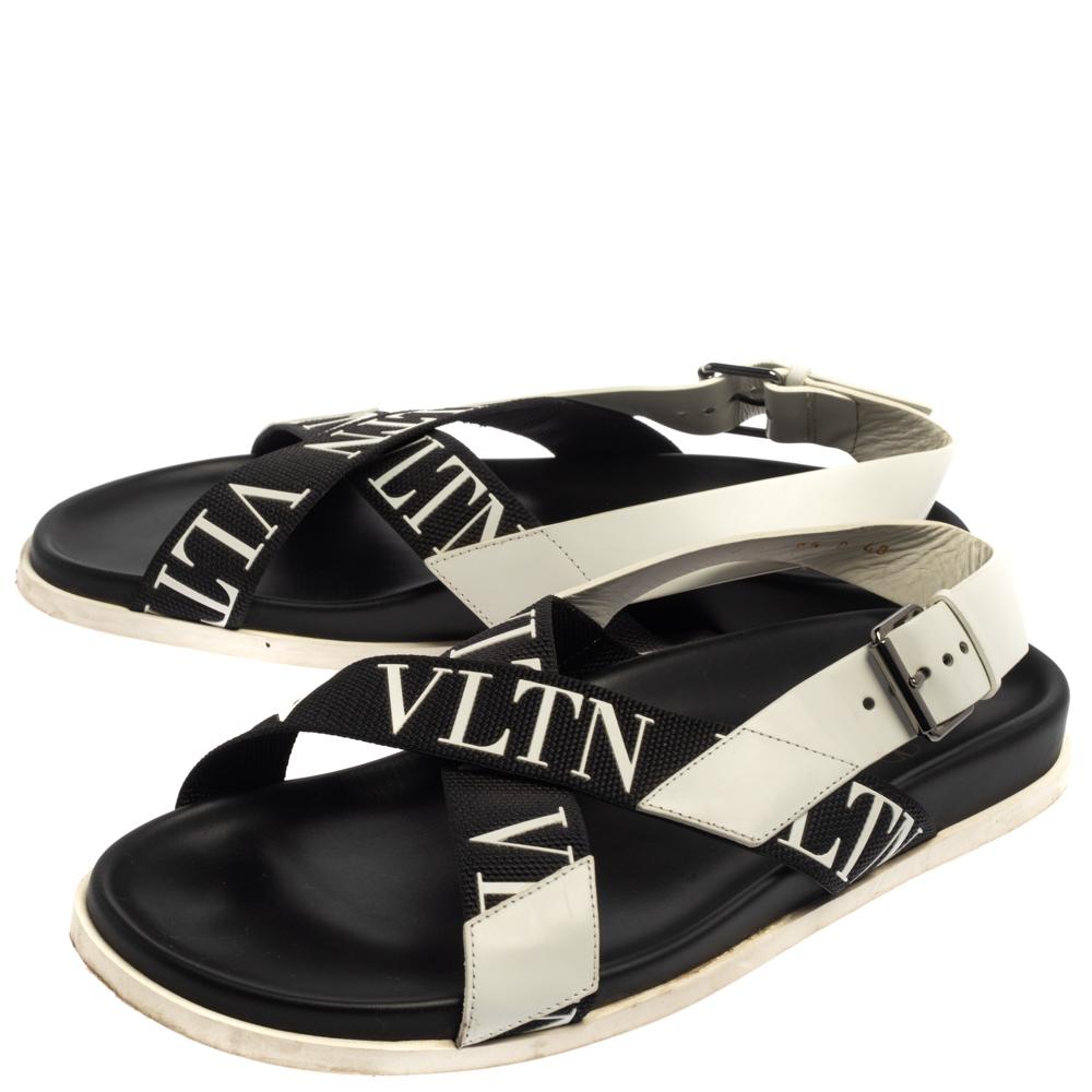 Valentino Black/White Leather And Nylon Logo Print Cross Strap Sandals Size 40 3