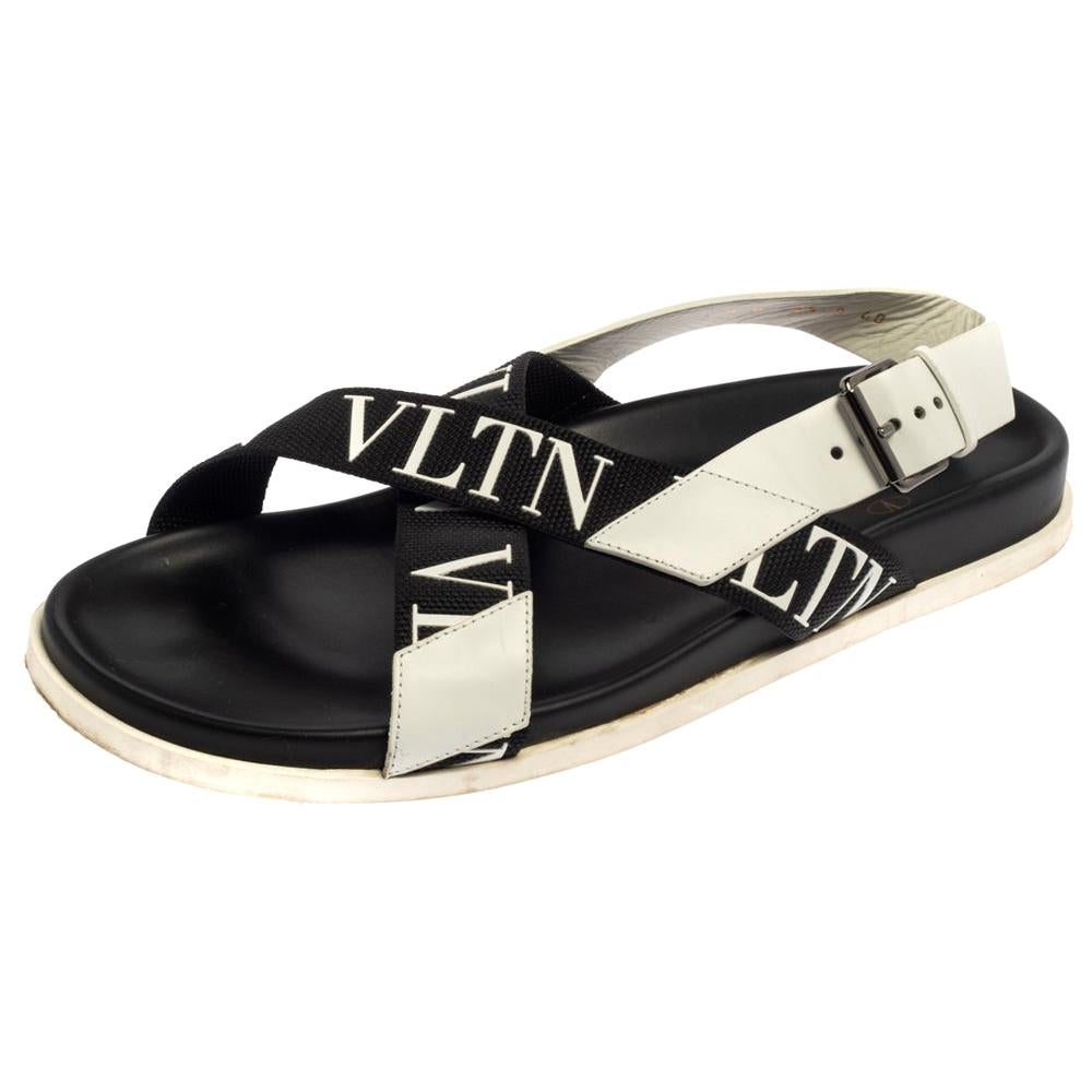 Valentino Black/White Leather And Nylon Logo Print Cross Strap Sandals Size 40