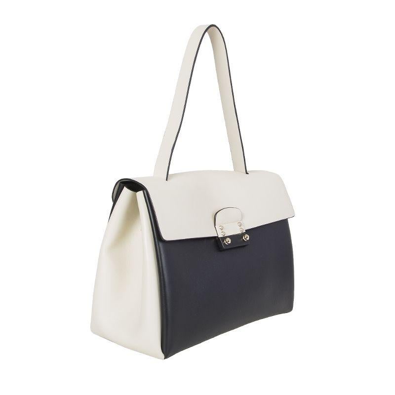Valentino Garavani 'Mime' top handle satchel bag in off-white and black calfskin. Opens with a push lock and in lined black calfskin. Divided in two compartments and a zipper pocket against the back. Comes with a detachable shoulder strap. Has been