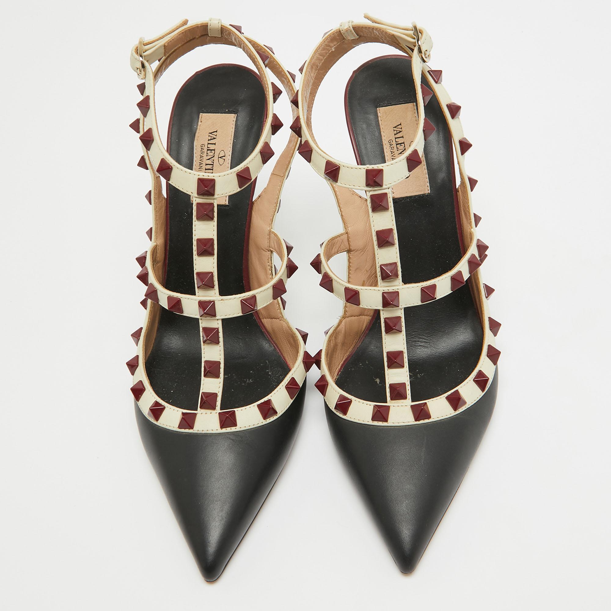 Brown Valentino Black/White Leather Rockstud Ankle Strap Pumps Size 40