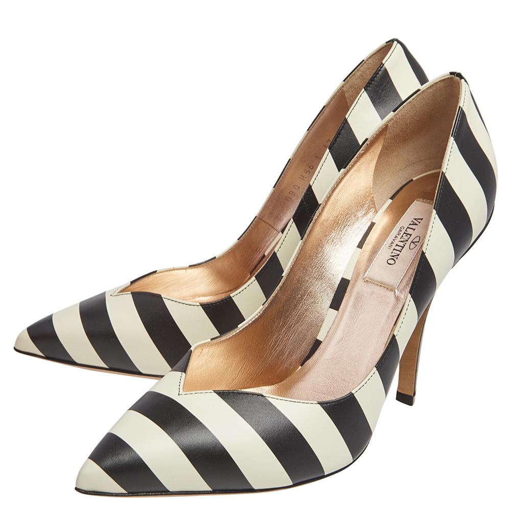 Valentino Black/White Leather Striped Pointed Toe Pumps Size 37 2