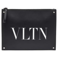 Valentino Black/White Leather VLNT Zip Pouch
