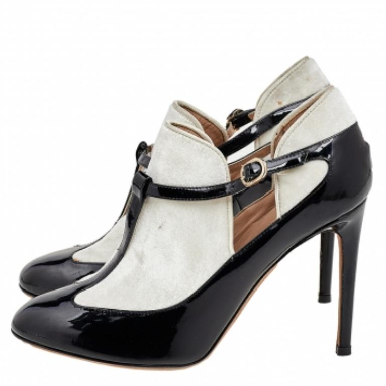 Valentino Pumps con cinturino a T in vernice e velluto bianco/nero taglia 36 in vendita 3