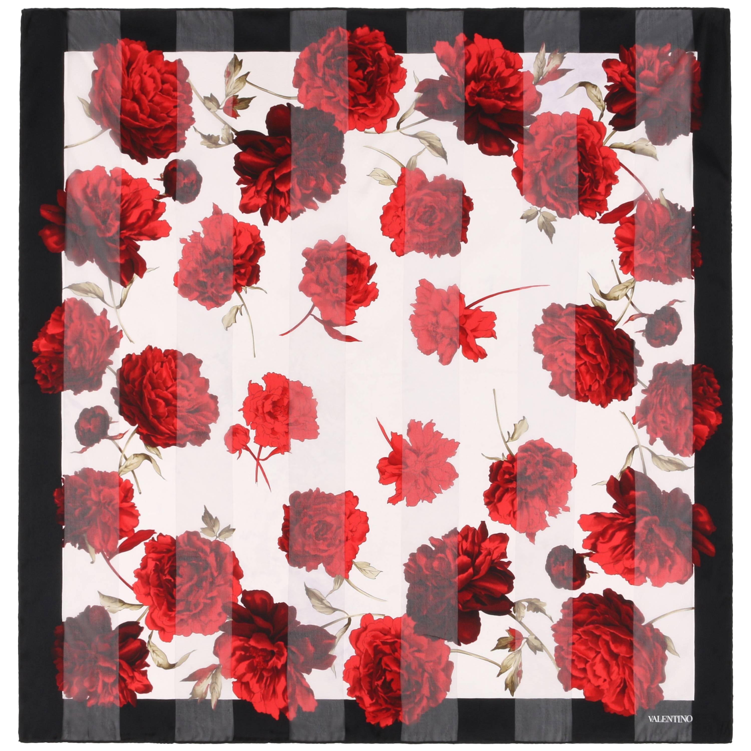VALENTINO Black 
White Red Rose Floral Print Striped Semi Sheer Silk Scarf