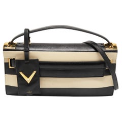 Valentino Black/White Striped Leather My Rockstud Top Handle Bag