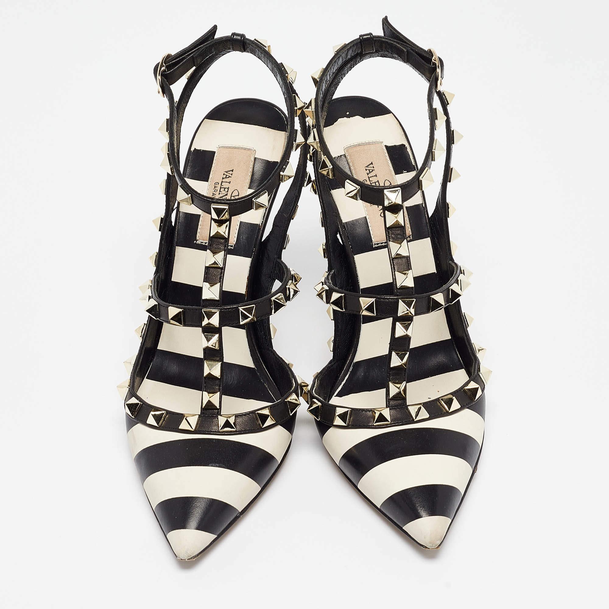 Valentino Black/White Striped Leather Rockstud Ankle Strap Pumps Size 38 In Good Condition In Dubai, Al Qouz 2