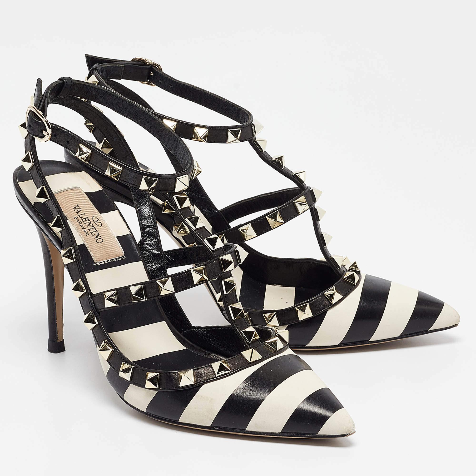 Women's Valentino Black/White Striped Leather Rockstud Ankle Strap Pumps Size 38
