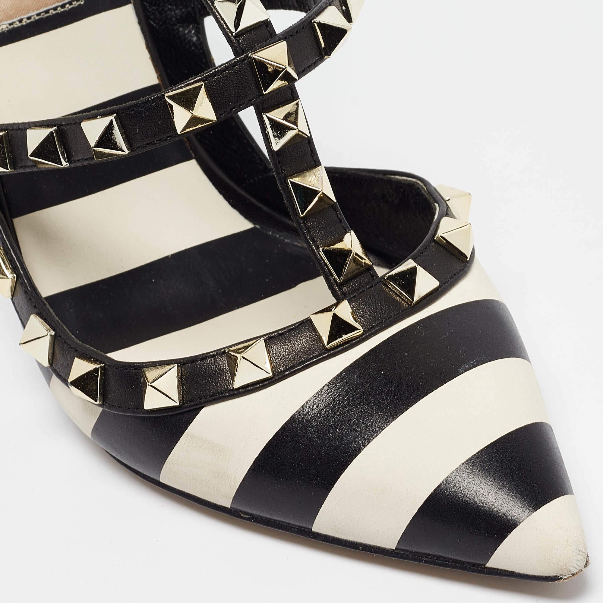 Valentino Black/White Striped Leather Rockstud Ankle Strap Pumps Size 38 3