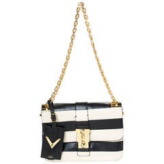 Valentino Black/White Striped Leather Rockstud Glam Lock Flap Bag