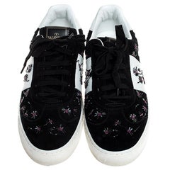 Valentino Black/White Suede And Leather Flycrew Beaded Low Top Sneakers Size 40
