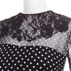 VALENTINO black white wool silk crepe polka dot lace overlay pleat dress IT40 S